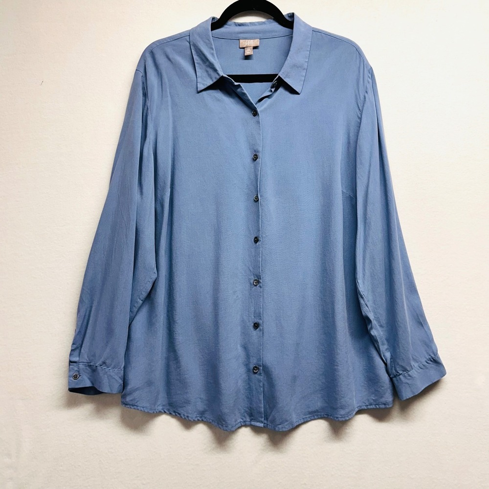 J. Jill 100% Silk Button Down Shirt Women 2X Blue Long Sleeve Collared Relaxed